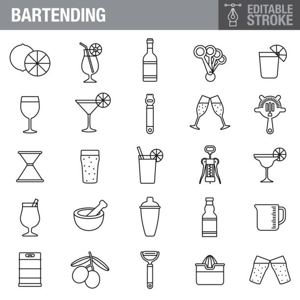 ilustrações, clipart, desenhos animados e ícones de conjunto de ícones de traçado editável de bartending - liquid refreshment drink beer glass