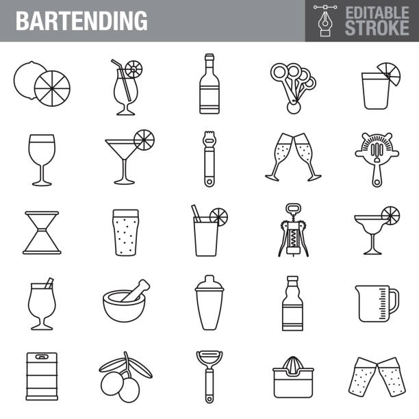 Bartending Editable Stroke Icon Set A set of editable stroke thin line icons. File is built in the CMYK color space for optimal printing. The strokes are 2pt black and fully editable, so you can adjust the stroke weight as needed for your project. cocktail shaker stock illustrations