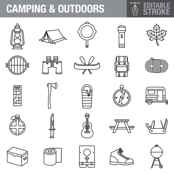 camping editierbare strich icon set - hiking backpacker adventure backpack stock-grafiken, -clipart, -cartoons und -symbole