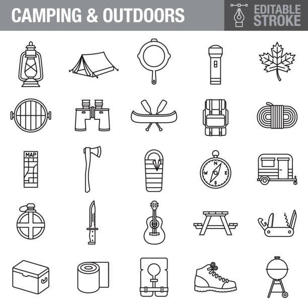 ilustrações de stock, clip art, desenhos animados e ícones de camping editable stroke icon set - compass hiking map hiking boot