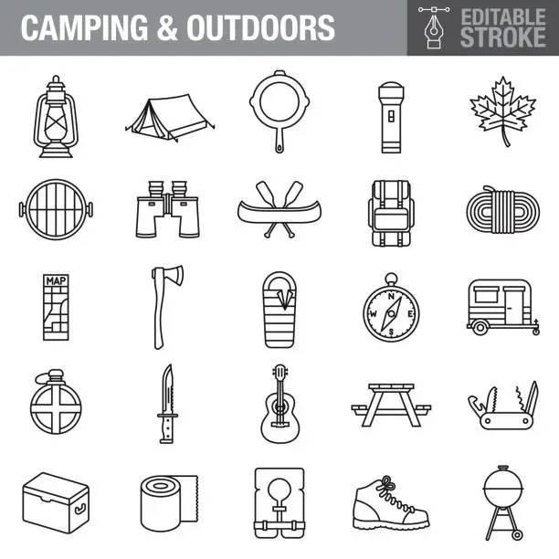 Vector illustration of Camping Editable Stroke Icon Set