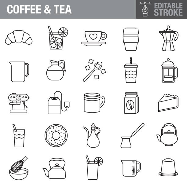 Coffee and Tea Editable Stroke Icon Set A set of editable stroke thin line icons. File is built in the CMYK color space for optimal printing. The strokes are 2pt black and fully editable, so you can adjust the stroke weight as needed for your project. lunch clipart stock illustrations