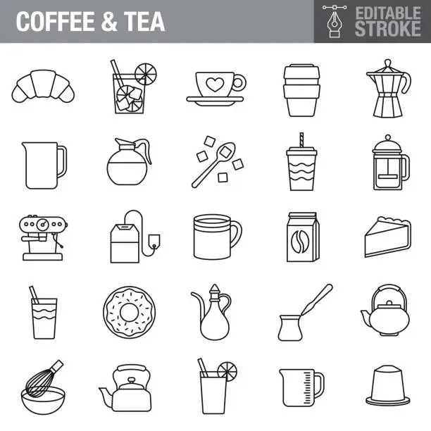 Vector illustration of Coffee and Tea Editable Stroke Icon Set