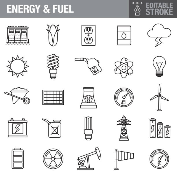 에너지 편집 가능한 스트로크 아이콘 세트 - fuel gauge fossil fuel fuel and power generation gauge stock illustrations