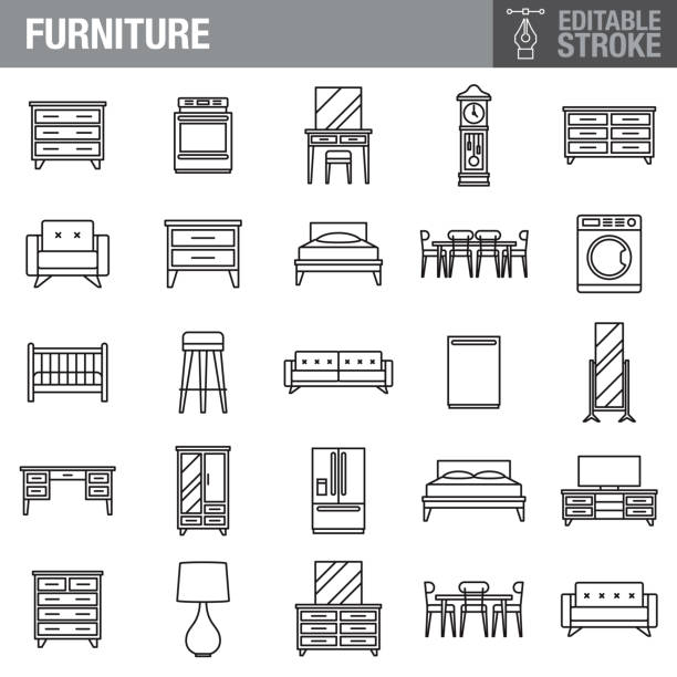Furniture Editable Stroke Icon Set A set of editable stroke thin line icons. File is built in the CMYK color space for optimal printing. The strokes are 2pt black and fully editable, so you can adjust the stroke weight as needed for your project. chest stock illustrations