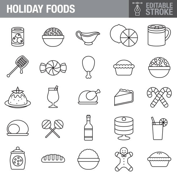 illustrazioni stock, clip art, cartoni animati e icone di tendenza di set di icone tratto modificabile di holiday foods - christmas dinner food turkey