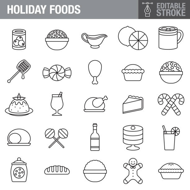 Holiday Foods Editable Stroke Icon Set A set of editable stroke thin line icons. File is built in the CMYK color space for optimal printing. The strokes are 2pt black and fully editable, so you can adjust the stroke weight as needed for your project. christmas eggnog stock illustrations