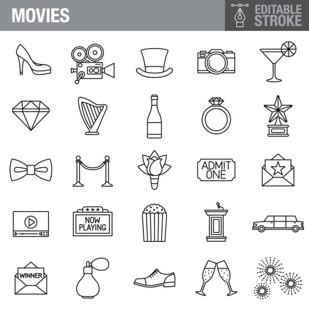 Movies Editable Stroke Icon Set A set of editable stroke thin line icons. File is built in the CMYK color space for optimal printing. The strokes are 2pt black and fully editable, so you can adjust the stroke weight as needed for your project. theater marquee red carpet movie theater movie stock illustrations