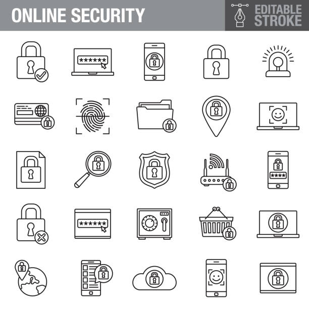 ilustrações de stock, clip art, desenhos animados e ícones de online security editable stroke icon set - padlock lock security system security