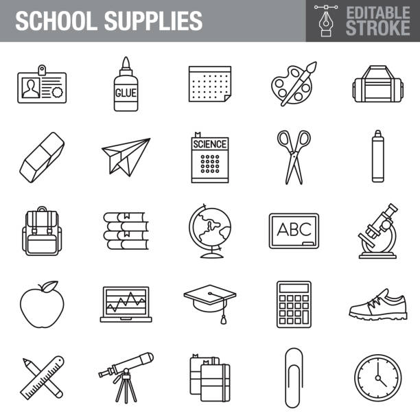 ilustraciones, imágenes clip art, dibujos animados e iconos de stock de conjunto de iconos de trazos editables de suministros escolares - textbook book apple school supplies