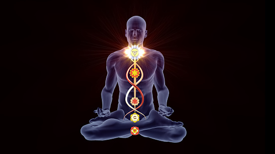 Silhouette in an enlightened Yoga meditation pose with five highlighted Hindu Chakras.