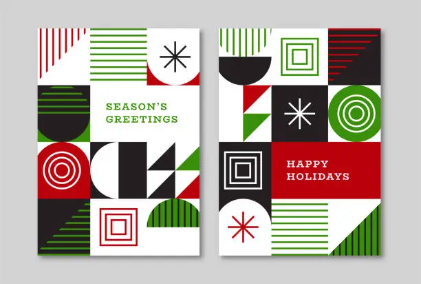 Vector illustration of Holiday greeting card designs with retro midcentury geometric graphics