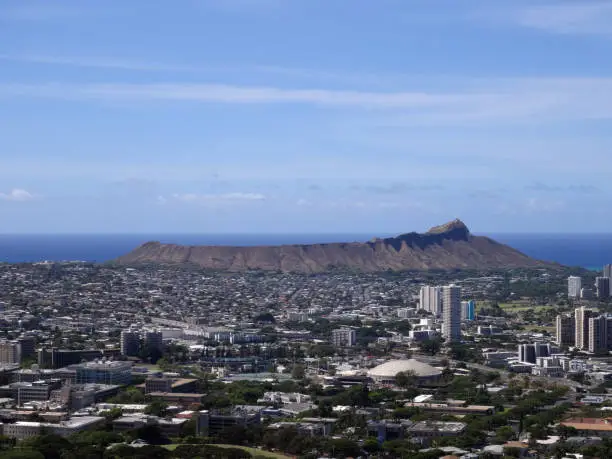 Aerial view of Diamondhead, Kapahulu, Kahala, Collage and the Pacific ocean on Oahu, Hawaii. July 2017.