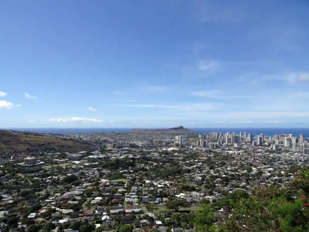 Aerial view of Diamondhead, Kapahulu, Kahala, Pacific ocean on Oahu, Hawaii. July 2017.