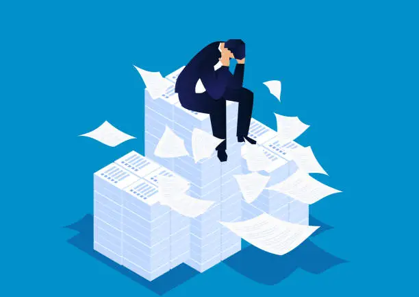 Vector illustration of Troubled businessman sitting on a large pile of documents, under heavy and hard work pressure