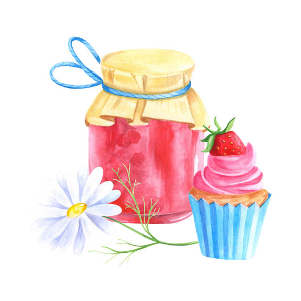 ilustraciones, imágenes clip art, dibujos animados e iconos de stock de composición de acuarela brillante de mermelada y cupcake - chamomile plant glass nature flower