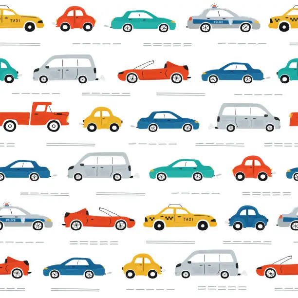 Vector illustration of Cute children's seamless pattern with cars, traffic lights and road signs on a white background. Illustration of highway in a cartoon style for Wallpaper, fabric, and textile design. Vector
