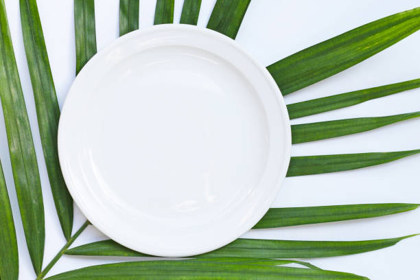 istock Empty white ceramic plate on tropical palm leaves on white background. Top view 1264584110