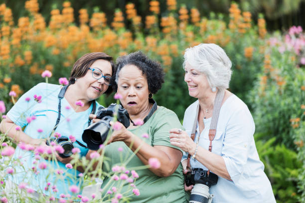 istock Three senior women taking photos in garden 1264587601