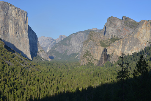 Gorgeous gate to the Yosemite Valley with world famous, sheer granite wall of El Capitan to the left and Half Dome rock in the middle, on the horizon. This beautiful valley was carved and polished mostly by glaciers.