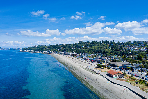 Mount Rainier and the Puget Sound from Tolmie State Park in Lacey, Washington, United States