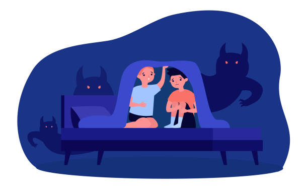 ilustrações de stock, clip art, desenhos animados e ícones de children nightmares and fears - bed child fear furniture