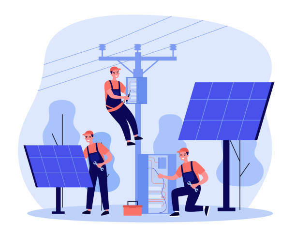 Energy workers servicing solar power plant Energy workers servicing solar power plant. Men repairing boxes with cords on tower under electric power transmission lines. Vector illustration for maintenance, renewable energy, engineering concept electrician stock illustrations