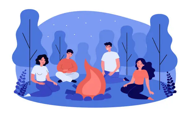 Vector illustration of Happy people sitting at campfire at night