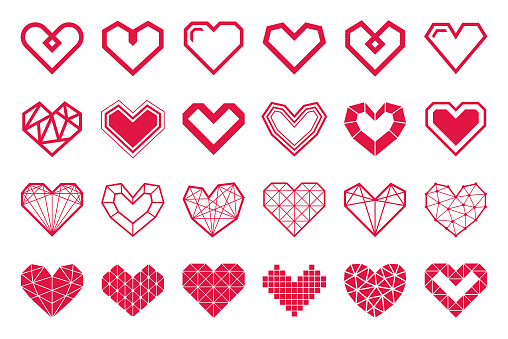 Geometric vector hearts icons. Different variations and shapes.