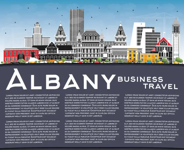 Vector illustration of Albany New York City Skyline with Color Buildings, Blue Sky and Copy Space.
