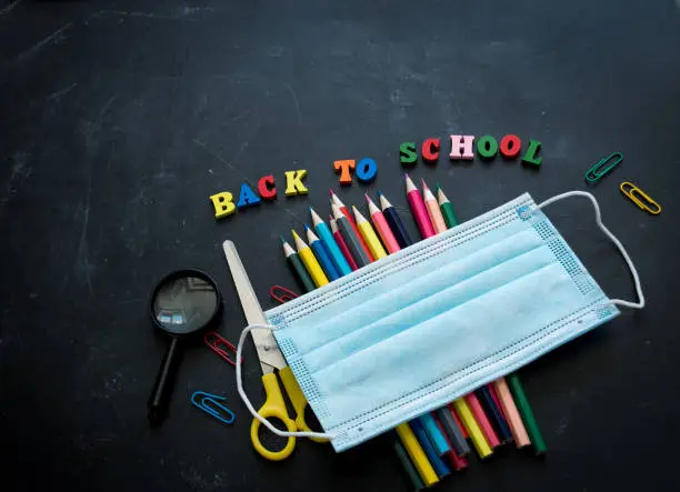 Photo of Back to school lettering and medical protective mask on the blackboard. back to school after covid-19 coronavirus. New school year in 2020. Concept of learning, maintaining social distance