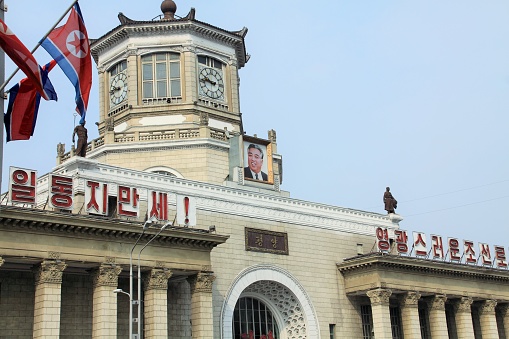 Pyongyang, North Korea - Apr 17,2010: The Pyongyang Station, newly rebuilt in 1958, is a three-story classical masonry building harmoniously blended classical architecture, socialist symbols, and Korean local motifs.