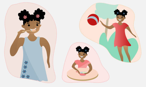 African American girl with braces showing everyday routine. vector art illustration