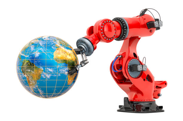 istock Robotic arm holding Earth Globe. Global Technology concept, 3D rendering isolated on white background. 1264616367
