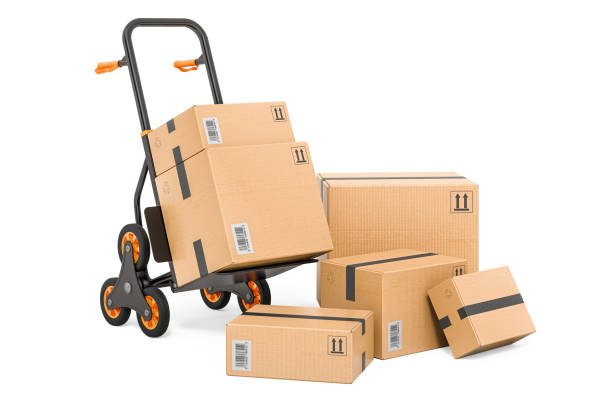 istock Stair Climbing Hand Truck with parcels. 3D rendering isolated on white background 1264616388