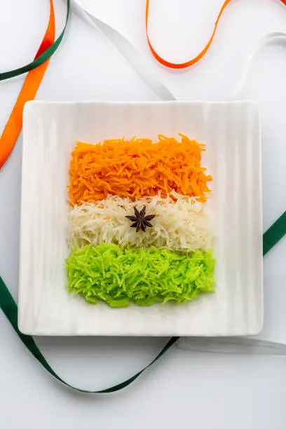 Photo of Indian Tricolour or Tiranga Rice for Indian Republic and Independence day celebration served in a ceramic plate