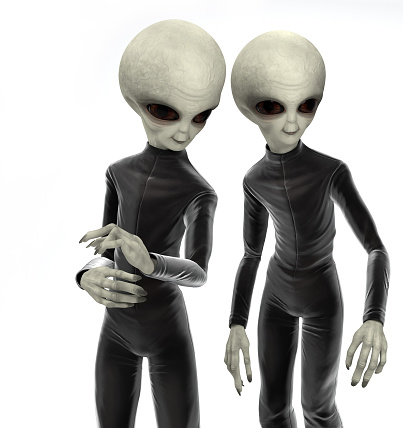 Photorealistic two aliens in a black jumpsuit isolated on a white background. 3 d illustration. 3 d character.