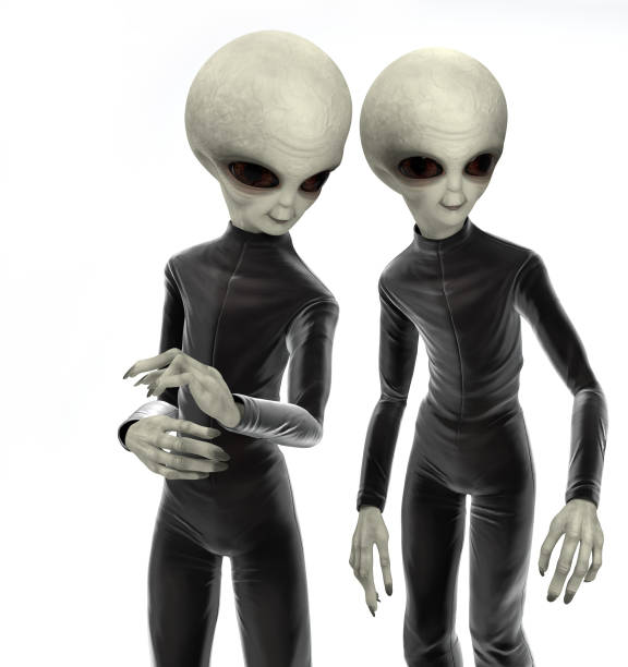 Photorealistic two aliens in a black jumpsuit isolated on a white background. 3 d illustration. 3 d character. Photorealistic two aliens in a black jumpsuit isolated on a white background. 3 d illustration. 3 d character. alien grey stock pictures, royalty-free photos & images