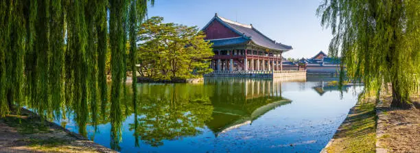 Weeping willows the tranquil waters of a lake reflecting a pavilion in the heart of Seoul, South Korea.