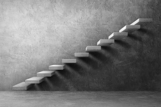 istock Concrete or bare mortar staircase on plaster wall texture background. 1264622363