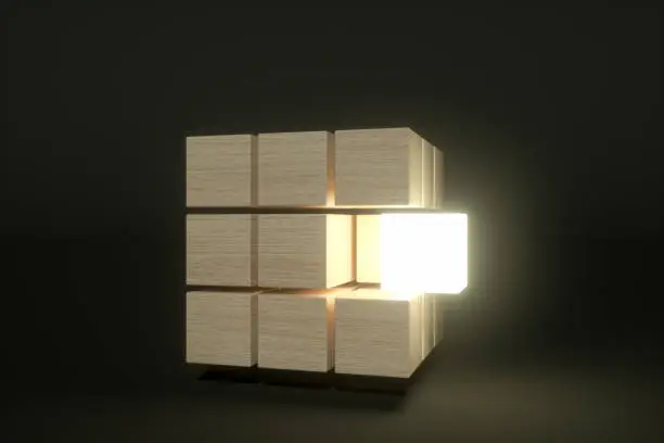 3D Rendering Cube Blocks, in a row, education, architecture, black background, standing out from the crowd. Illuminated cube block.