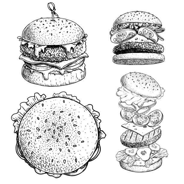 ilustrações de stock, clip art, desenhos animados e ícones de delicious burgers set. hand drawn sketch style drawings of different burgers. with bamboo stick, top and perspective view, burger constructor. fast food retro vector illustrations collection isolated on white background. - hamburger
