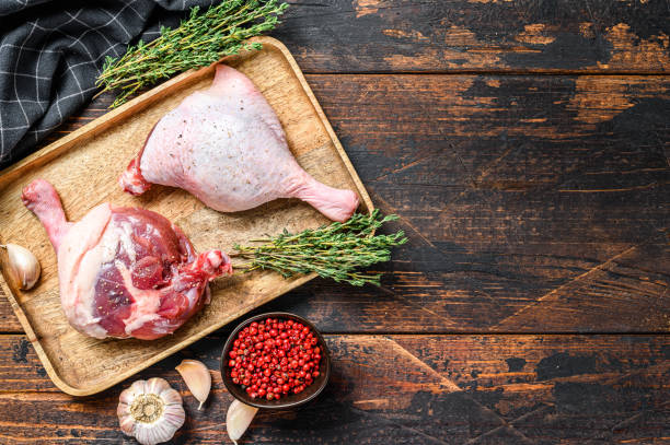 istock Duck  legs on cutting board, Raw meat. Dark background. Top view. Copy space 1264628384
