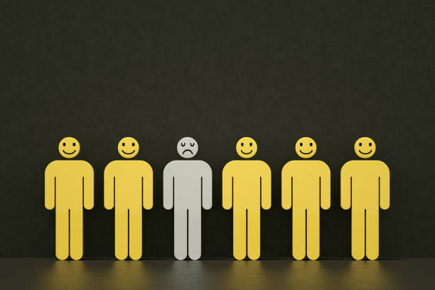 3d rendering of Happy and Sad Face People, Standing out from the crowd concept.