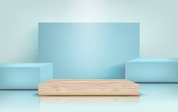 istock Podium for product presentation in pastel blue color, mock up for design. Pillar stand scenes, vector illustration in realistic style 1264629480
