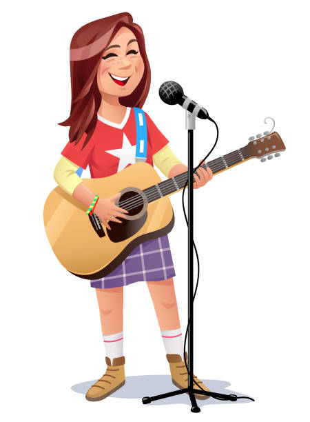 ilustrações de stock, clip art, desenhos animados e ícones de teenage girl singing and playing guitar - animated cartoon music teens arts and entertainment