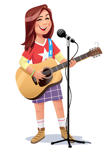 Vector illustration of a red haired teenage girl wearing a t-shirt and a skirt, singing and playing acoustic guitar- isolated on white. Concept for creativity, music, hobbies, talent, teenage girls and country music.