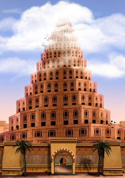 The Tower of Babel, from the Bible Genesis, reaching the sky, disappearing in the clouds. The origin myth explaining different languages spoken around the world, 3d render.