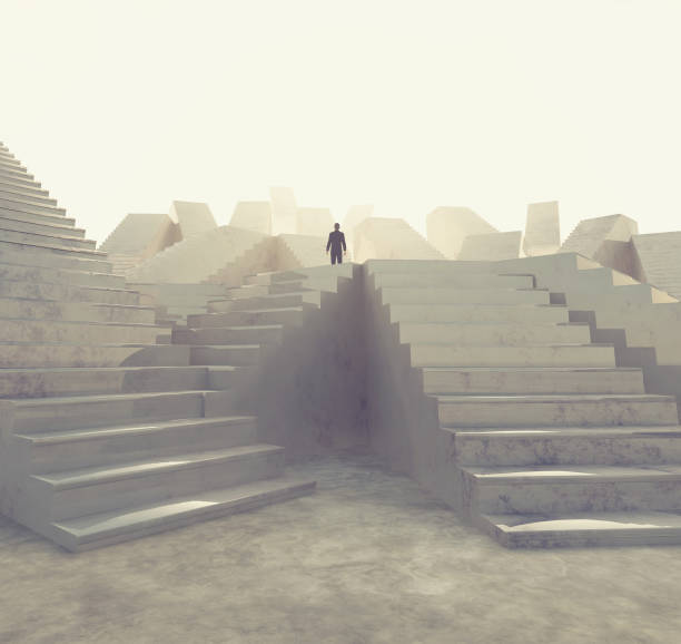 istock Businessman looking up to different staircases . This is a 3d render illustration. 1264634354