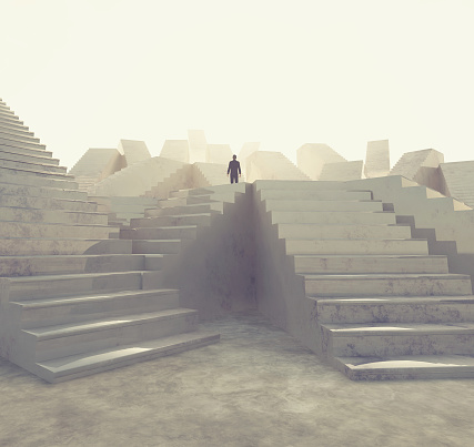 Businessman looking up to different staircases . This is a 3d render illustration.